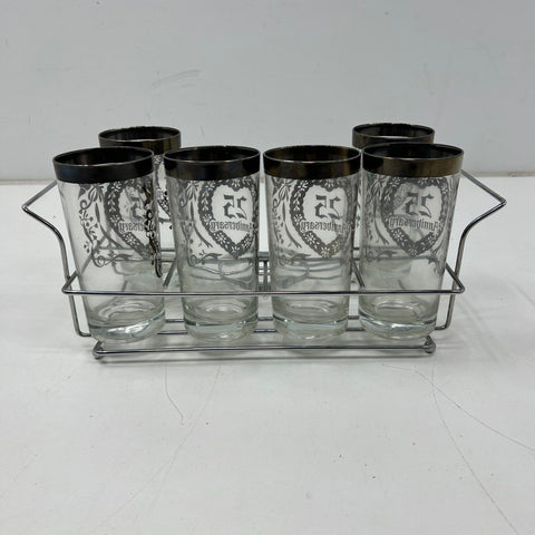Vintage 25th Anniversary Glasses Set of 6 Silver Trim Tumblers With Wire Caddy