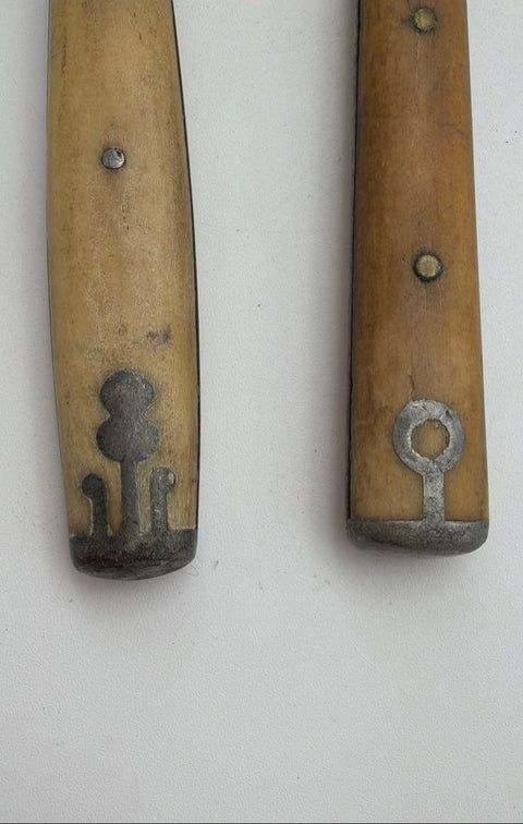 Vintage Folk Art Inlaid Handle Cutlery 8pc Set Wood Bone Steel Forks Knives