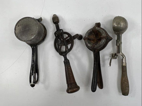 Vintage Kitchen Utensil Lot (5) Townsend Skinner Indestructo Scoop Hand Drill