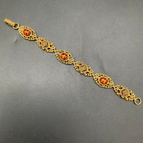 Vintage Lisner Gold Tone Victorian Revival Link Bracelet Amber Tone Stones 7"