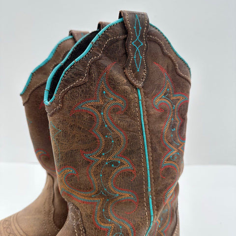 Justin Brown Leather Teal Stitching Square Toe Western Boots Size 8.5