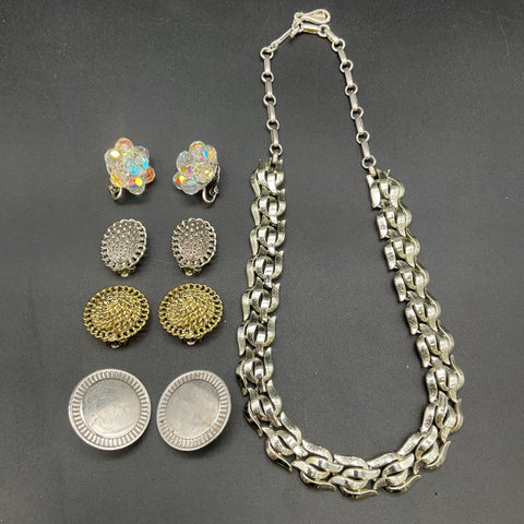 Vintage Coro Costume Jewelry Lot Necklace 4 Pairs Clip On Earrings AB 9 Pcs