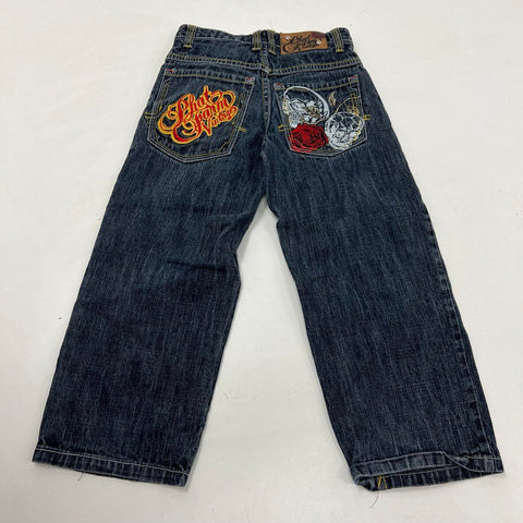 Phat Farm Boy's Vintage Y2K Dark Wash Embroidered Skulls Baggy Jeans Size 8