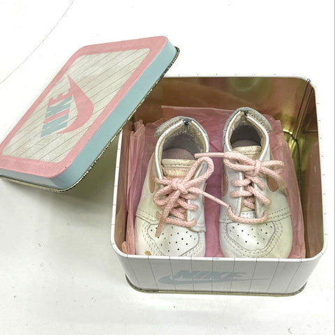 Vintage 90s Nike Baby Sneakers White Pink Infant Crib Shoes Booties Tin Box