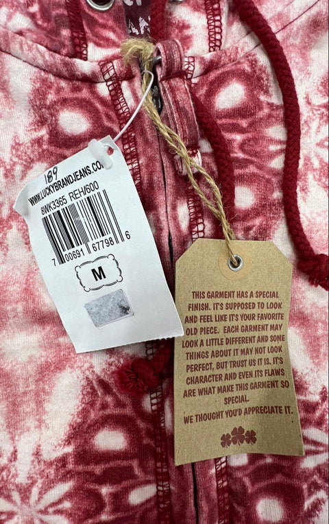 Lucky Brand Women's Short Sleeve Full Zip Hoodie Red Tie Dye Batik NWT Sz M