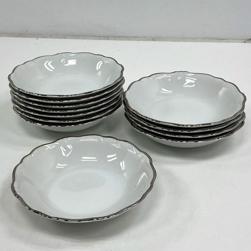 Vintage Johann Haviland Bavaria Platinum Baroque Silver Scallop Soup Bowls Lot