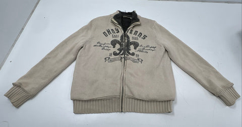 DKNY Jeans Men's Beige Full Zip Knit Jacket Sherpa Lined Fleur De Lis Graphic M