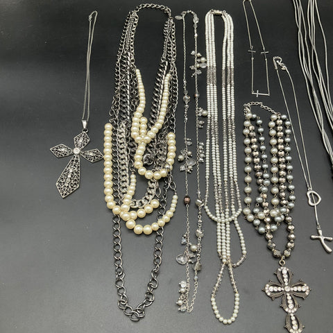 Fashion Costume Necklace Lot of 10 Silver Tone Faux Pearl Cross Pendants