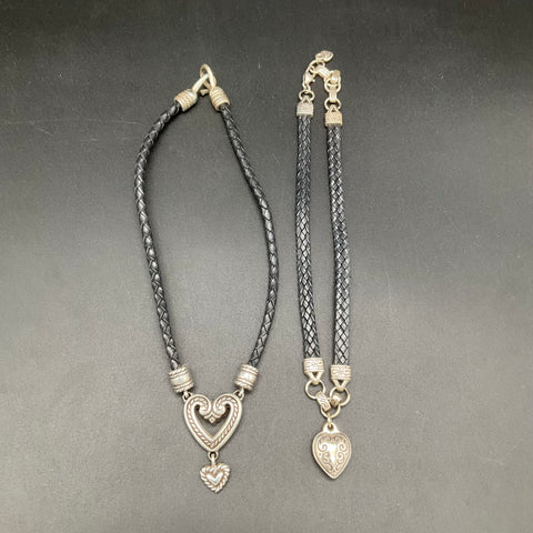 Brighton Vintage Heart Charm Necklace Jewelry Lot of 3 Silver Tone Leather