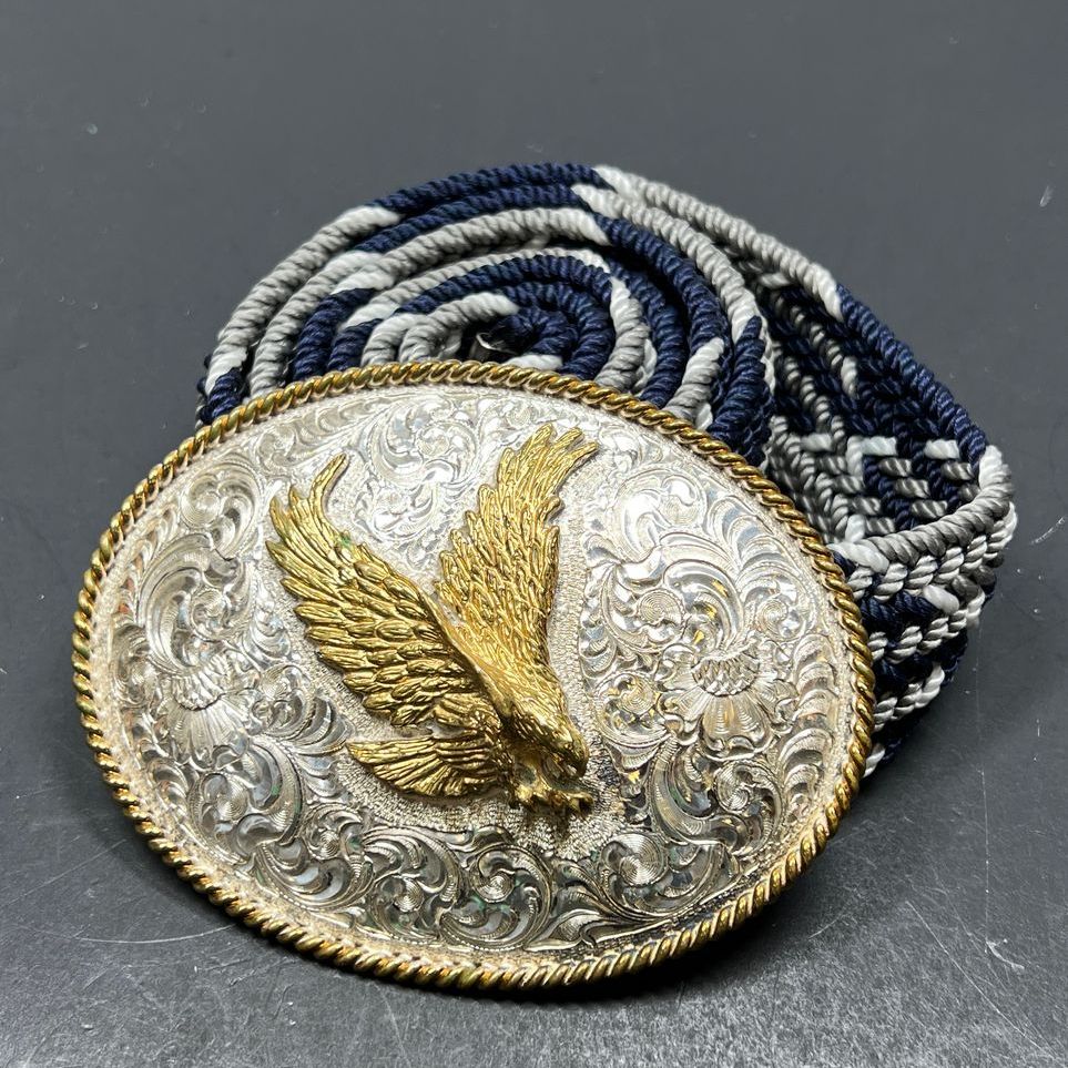 Silver & Gold Tone Eagle Belt Buckle on Blue & Grey Woven Belt