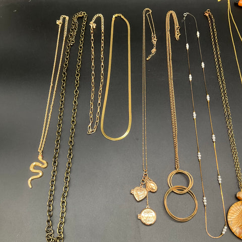 Fashion Costume Jewelry Lot of 11 Necklaces Gold Tone Chains Lockets Pendants