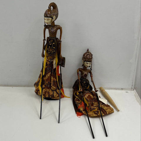 Vintage Indonesian Wayang Golek Arjuna & Srikandi Wooden Rod Puppet Lot of 2