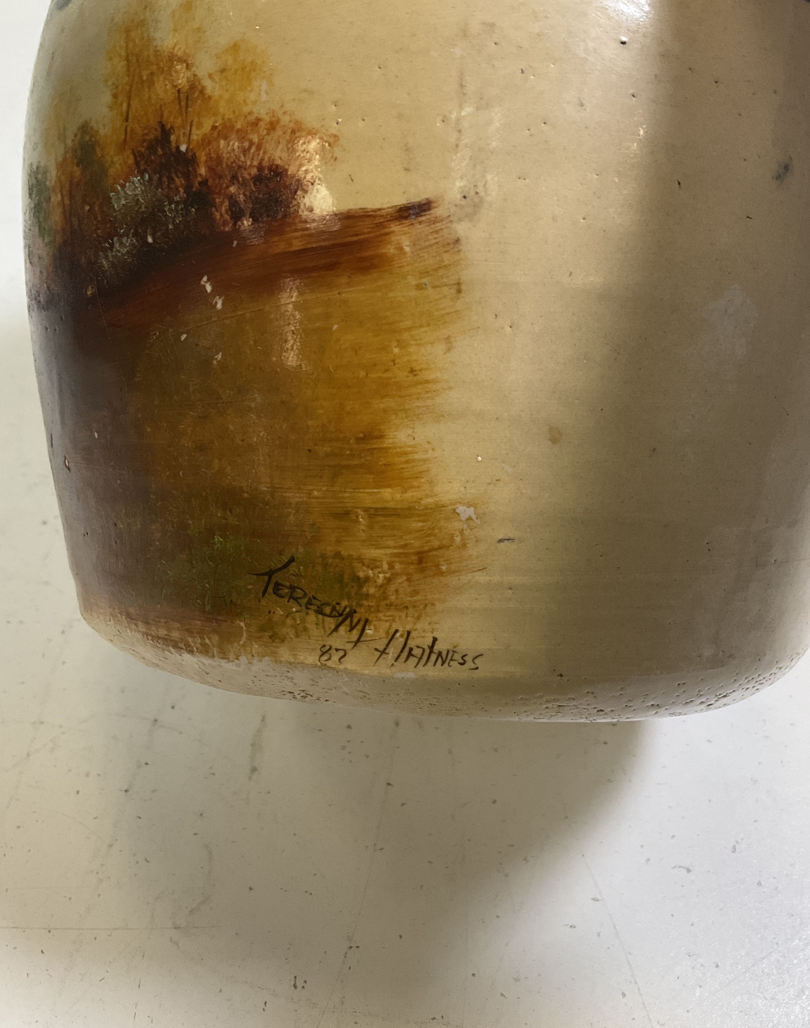 Vintage Signed Hatness Hand Painted Barn Canister Crock Jar 1987 9 Inch