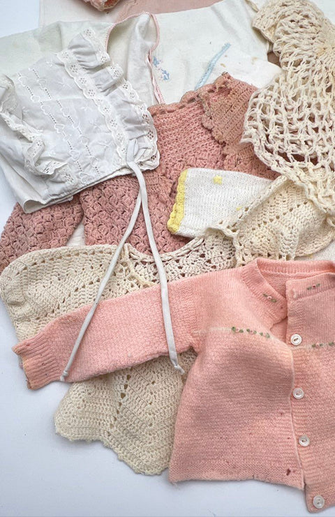 Vintage 50s 60s Baby Clothes Lot Crochet Cardigans Bonnets Cotton Gowns 1lb