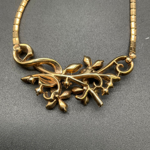 Vintage Trifari Alfred Philippe Gold Tone Rhinestone Floral Necklace 14.5"