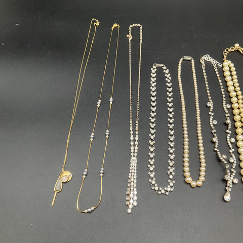 Vintage Costume Jewelry Lot 9 Necklaces Faux Pearl Rhinestone Gold Silver Tone