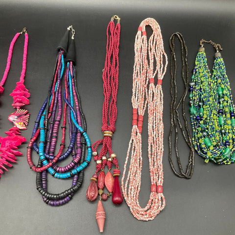 Vintage Fish Motif Jewelry Lot 8pc Beaded Necklaces Brass Belt Buckle Sash