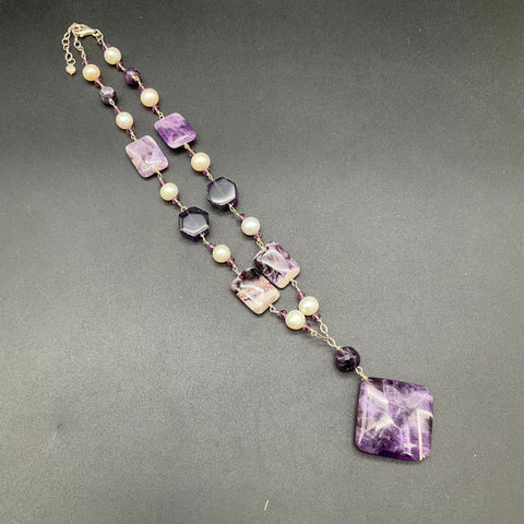 Sterling Silver 925 Amethyst & Pearl Artisan Handcrafted Necklace Purple 26"