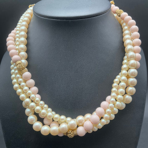 1928 Jewelry Gold Tone Faux Pearl Pink Bead Multi Strand Necklace 16"
