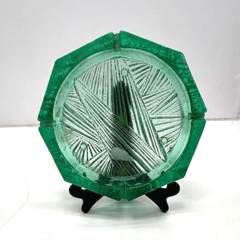 Pressed Glass Green Octagonal Ashtray Textured Linear Pattern Vintage 7.5 Inch