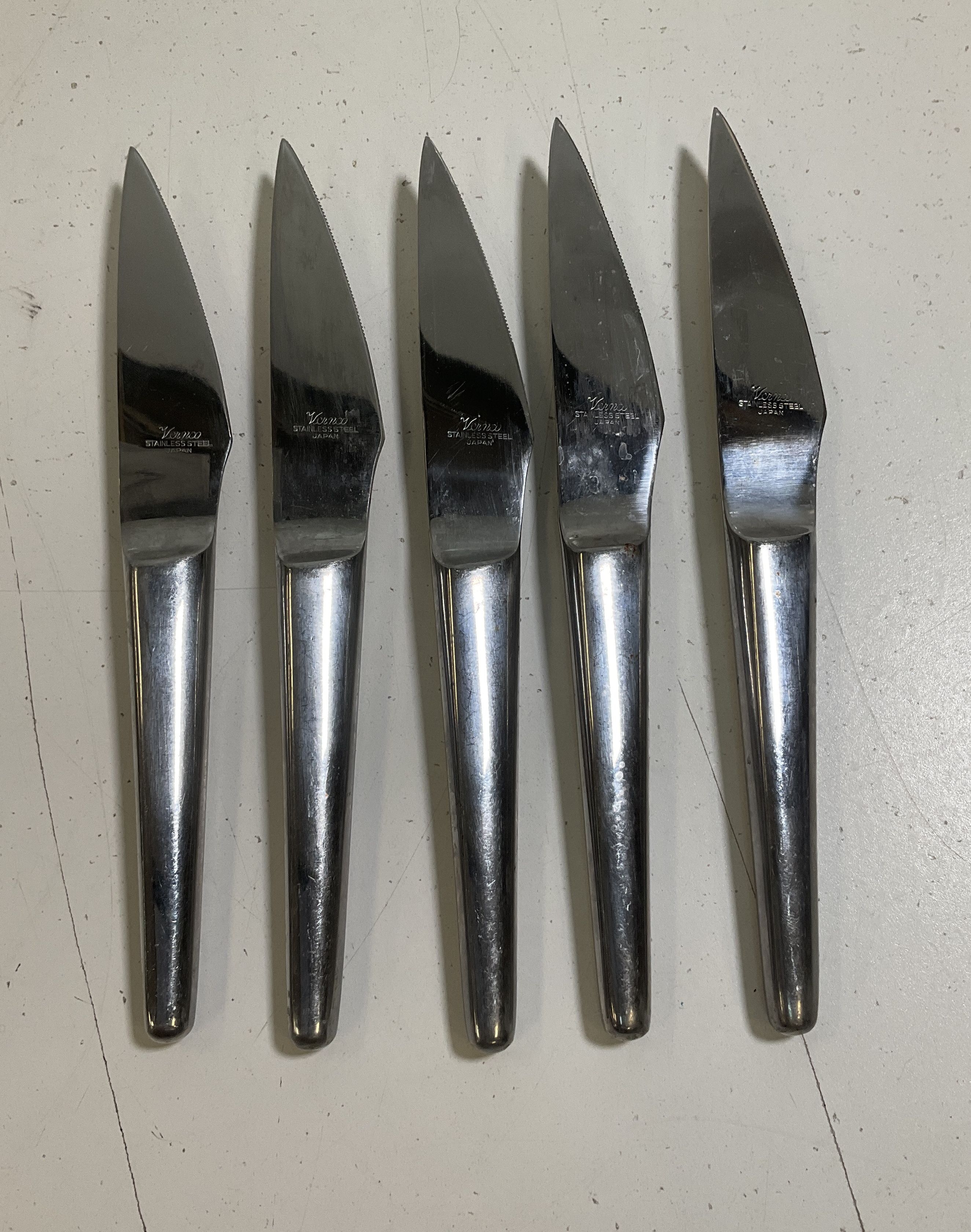 Vintage MCM Vernco Steak Knife Set 5pc Stainless Steel Japan w/ Wood Block