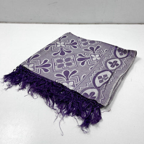 Vintage Purple Woven Tapestry Bedspread Geometric Floral Motif Fringe Coverlet