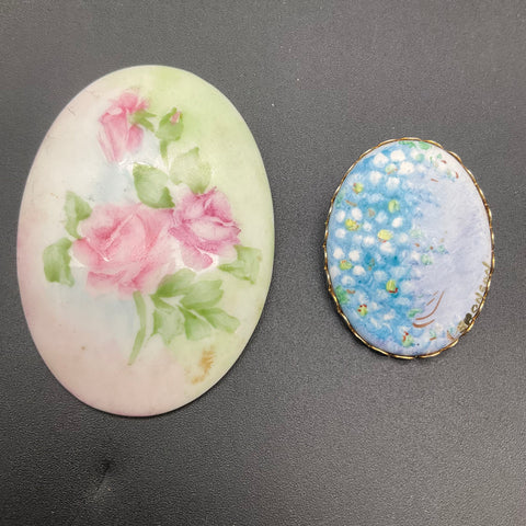Vintage Hand Painted Porcelain Floral Brooch Lot 2 Pink Rose Blue Flower Signed