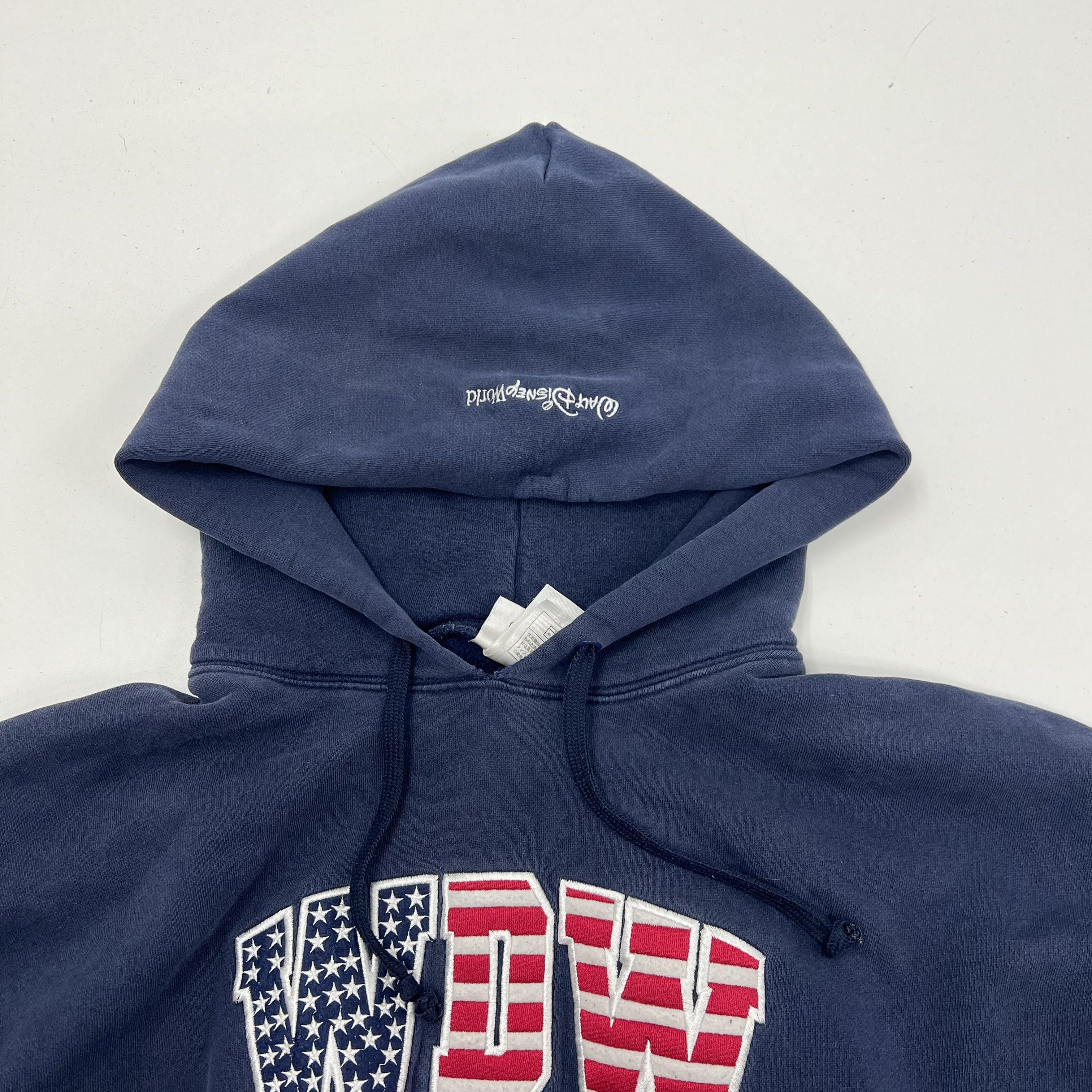 Vintage Y2K Walt Disney World Blue Embroidered WDW American Flag Hoodie Mens XL
