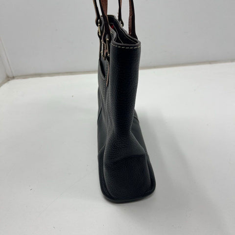 Dooney & Bourke Black Pebbled Leather Brown Trim Tote Shoulder Bag Gold Hardware