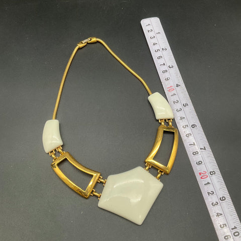 Vintage 1970s-80s Monet Gold Tone White Enamel Geometric Bib Necklace