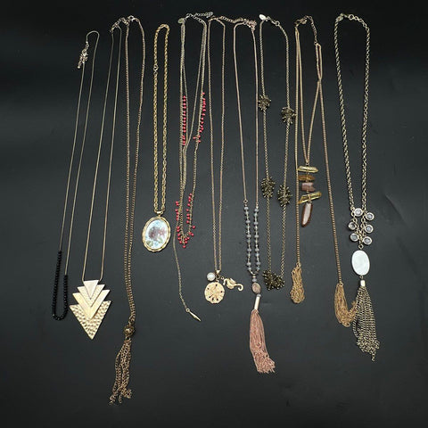 Mixed Costume Jewelry Lot 10 Necklaces Gold Tone Pendants Tassels Charms