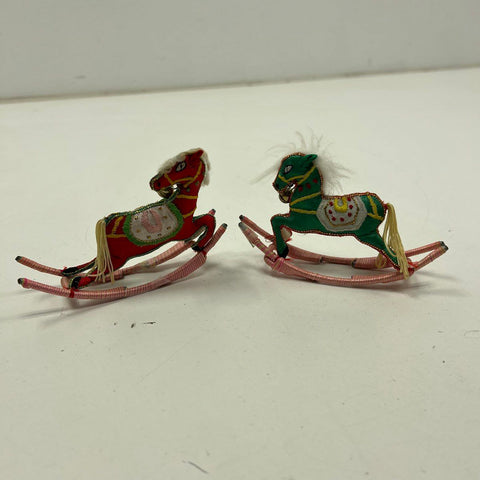 Vintage Lot of 2 Zari Embroidered Rocking Horse Christmas Ornaments w/ Bells