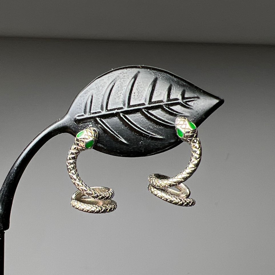 925 Sterling Silver Green Eye Snake Earrings