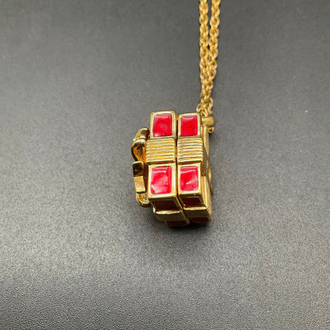 Swarovski Gold Tone Red Enamel Present Gift Box Locket Pendant Necklace