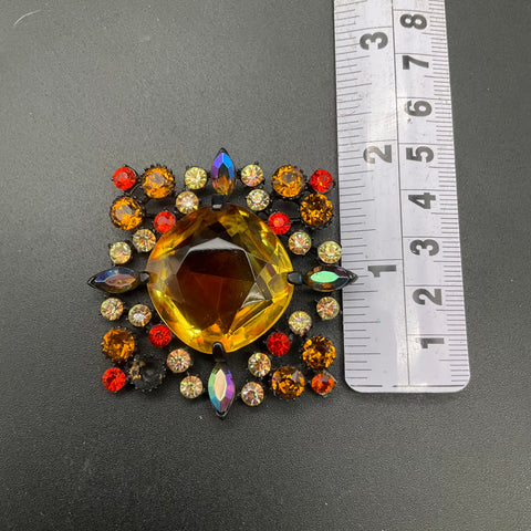 Vintage Japanned Metal Rhinestone Brooch Amber Orange AB Marquise 2.5-Inch