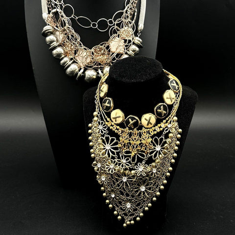 Statement Fashion Bib Necklaces Lot 2pc Gold & Silver Tone Multi-Strand Boho