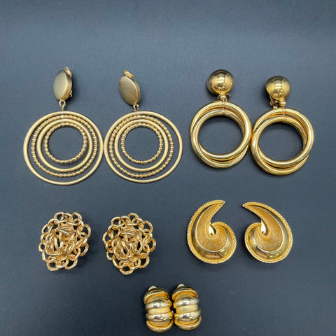 Vintage Gold Tone Clip On Earrings Lot 5 Pairs Chunky 1980s Retro Fashion