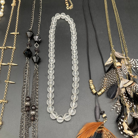 Vintage to Modern Costume Jewelry Lot 11 Necklaces Feather Faux Pearl Boho Style