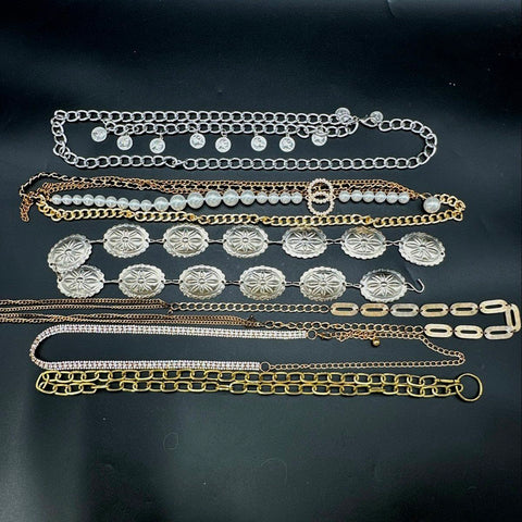 Vintage Style Fashion Chain Belts Lot 6pc Gold Silver Tone Concho Pearl Coin