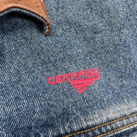 Vintage 90s Dunbrooke Mens Denim Trucker Jacket Leather Collar Flannel Lined L