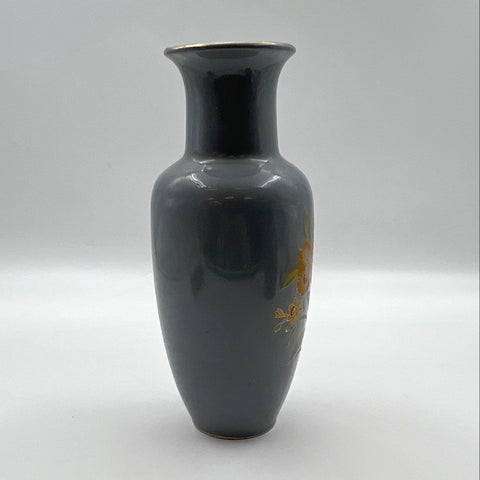 Vintage Grey Ceramic Vase Floral Motif Gold Rim 11.5 Inch Tall Mid Century Style