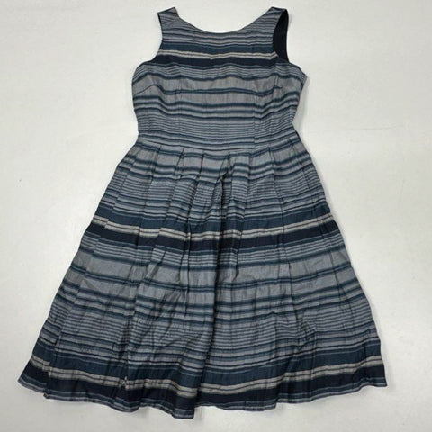 Ivonne Women's Vintage 90s Blue Gray Striped Sleeveless Pleated Linen Dress Sz 8