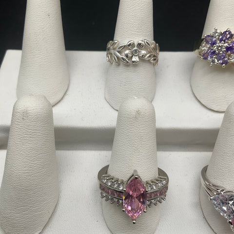 Fashion Jewelry Ring Lot of 6 Silver Tone CZ Rhinestone Statement Rings Size 5-9