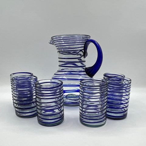 Hand Blown Art Glass Set Cobalt Blue Spiral Wrap Pitcher and 6 Tumblers Vintage