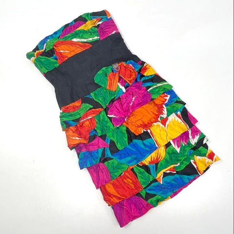 Vintage 80s A.J. Bari Women's Strapless Tiered Silk Ruffle Floral Dress Sz 10
