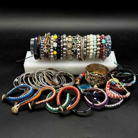 Mixed Costume Jewelry Bracelet Lot Beaded Bangles Leather Woven Cuffs 45pc