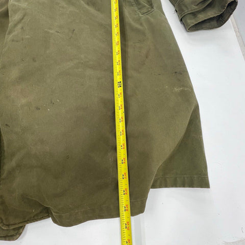 Vintage Military Issue OD Green Trench Coat Men's Sateen Wool Lined Large Long