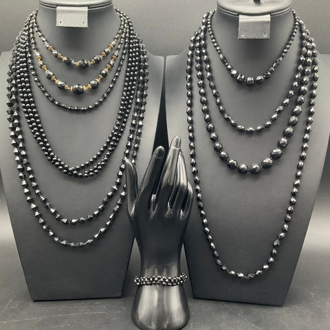 Vintage Lot West Germany Black Glass Faceted Bead Necklaces & Bracelet Set of 7
