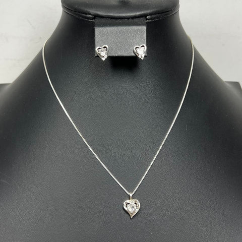 925 Sterling Silver CZ Heart Necklace and Earrings Set 5.29g