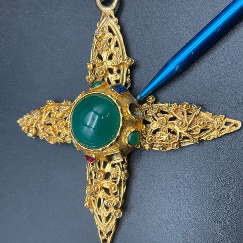 Vintage Etruscan Revival Gold Tone Fob Necklace & Cabochon Cross Pendant Lot